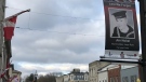 A line of veteran tribute banners are seen on Queen Street East in St. Marys Ontario. (Sean Irvine CTV News) 