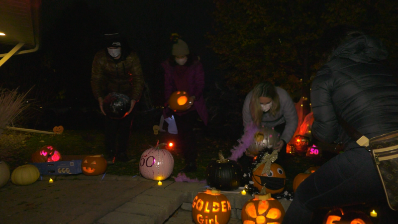 Jacqueline Gold's friends carved 50 pumpkins on her lawn to celebrate her 50th birthday. (Shaun Vardon/CTV News Ottawa)