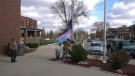 The trans flag is raised in front of the Chatham-Kent Civic Centre in Chatham-Kent, Ont. (Chris Campbell / CTV Windsor)
