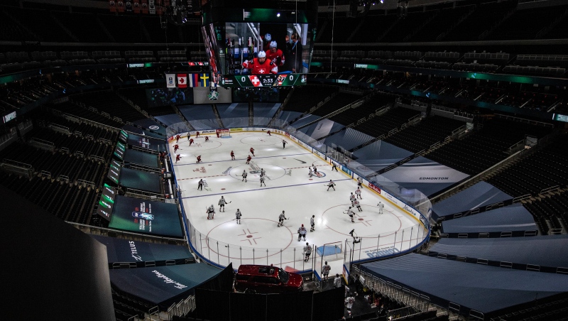 Switzerland and Austria take to the ice before first period IIHF World Junior Hockey Championship pre-competition action in Edmonton on Tuesday, December 22, 2020. THE CANADIAN PRESS/Jason Franson