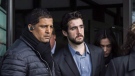 Marco Muzzo, centre, leaves the Newmarket courthouse surrounded by family members including his mother Dawn Muzzo, right, on February 4, 2016. A Toronto-area woman whose three children and father died in a horrific car crash says Muzzo, the drunk driver responsible, has been granted day parole. THE CANADIAN PRESS/ Christopher Katsarov