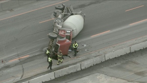 Cement truck rollover shuts down northbound lanes of Highway 400 | CTV News