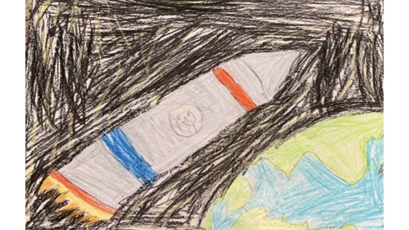 "rocket ship orbiting Earth" - Jaxton Aubut-Rheaume, 5 years old, SK, Stonecrest Elementary School, Woodlawn

