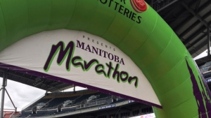 The starting line at the Manitoba Marathon is pictured on Sept. 5, 2021. (Gary Robson/ CTV News Winnipeg)