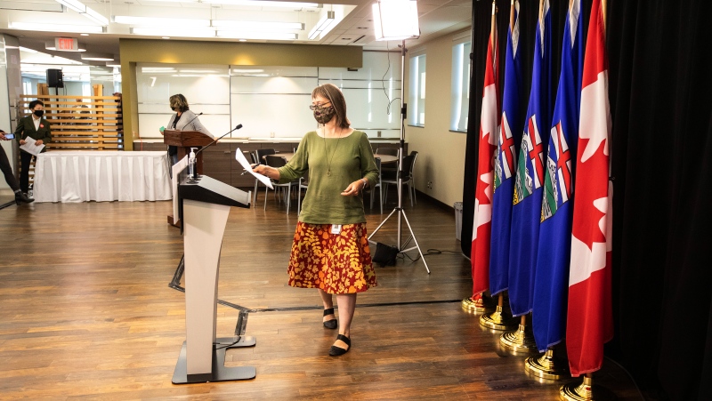 Chief medical officer of health Dr. Deena Hinshaw provides a COVID-19 update in Edmonton, Friday, Sept. 3, 2021. THE CANADIAN PRESS/Jason Franson 