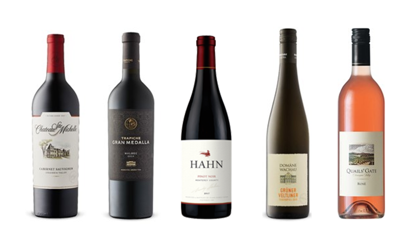 Chateau Ste. Michelle Cabernet Sauvignon 2018, Trapiche Gran Medalla Malbec 2017, Hahn Family Wines Pinot Noir 2017, Domäne Wachau Terrassen Federspiel Grüner Veltliner 2019, Quails' Gate Estate Winery Rosé 2020 