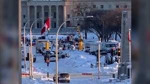 A truck protest in Winnipeg is seen on Feb. 22, 2022. Winnipeg police announced Tuesday that the remaining vehicles and structures must clear the area by the next day or face potential charges. (CTV News Winnipeg Photo)