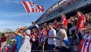 Fans watch Atletico Ottawa face Pacific FC in the Canadian Premier League semi-final match on Sunday, Oct. 23, 2022 at TD Place. (Colton Praill/CTV News Ottawa) 