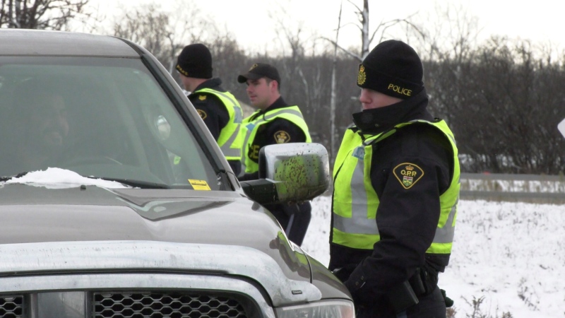 OPP officers from West Region conduct checks for impaired driving as part of their Festive R.I.D.E campaign on Nov. 17, 2022. (Jenn Basa/CTV News London)
