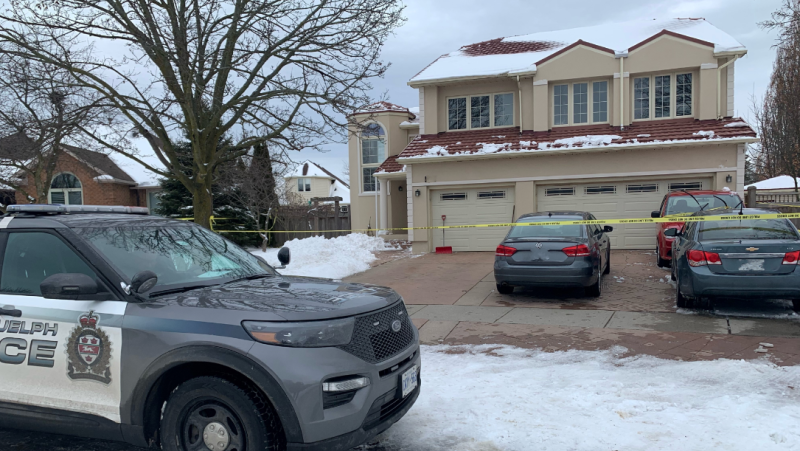 A Guelph police cruiser is seen parked in front of a home in Guelph's south end. (Krista Sharpe/CTV Kitchener)