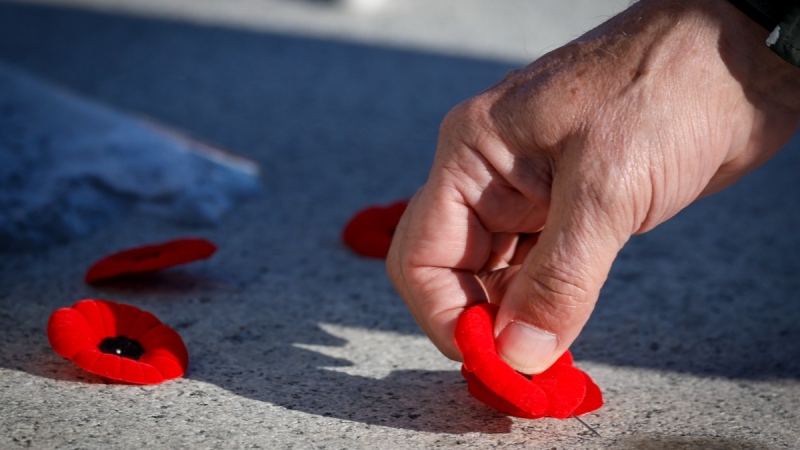 A member of the pubic places a poppy on a cenotaph at a military cemetery following a Remembrance Day service in Calgary, Alta., Nov. 11, 2022. THE CANADIAN PRESS/Jeff McIntosh