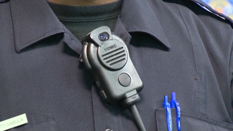 File photo of an Edmonton Police Service member modelling a body-worn camera. 