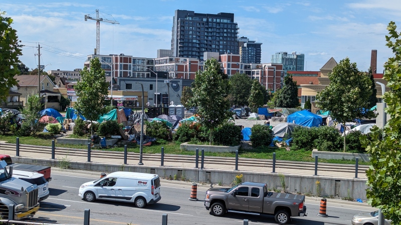 The encampment at Victoria and Weber streets in downtown Kitchener is seen on Aug. 22, 2023. (Dan Lauckner/CTV News Kitchener)