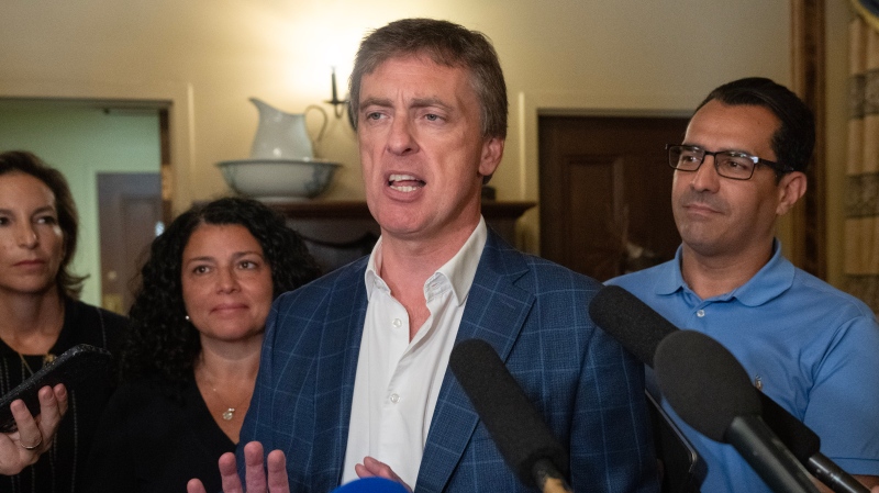 Quebec Liberal party interim leader Marc Tanguay speaks to the media before the party caucus, Tuesday, September 5, 2023 in Saint-Paulin, Que. (Ryan Remiorz/The Canadian Press)