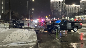 Winnipeg police closed down all northbound lanes on Pembina Highway between Dalhousie Drive and Killarney Avenue after a two vehicle crash on Nov. 9, 2023. One person was taken to hospital in critical condition. (Source: Scott Andersson/CTV News Winnipeg)