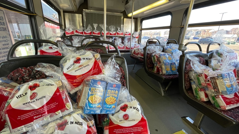 ETS worked Saturday to fill six city buses with food donations for the Edmonton Food Bank. (Amanda Anderson/CTV News Edmonton)