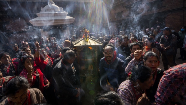 A 16th century statue of Hindu deity Uma-Maheswora that was stolen four decades ago and later repatriated is paraded in a chariot before being reinstated at the temple where it belonged in Lalitpur, Nepal, Thursday, Feb. 15, 2024.<br><br>
An unknown number of sacred statues were stolen from Nepal and smuggled abroad, but now dozens are being repatriated to the Himalayan nation, part of a growing global effort to return such items to countries in Asia, Africa and elsewhere.<br><br>
(AP Photo / Niranjan Shrestha)