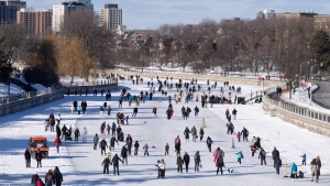 Thousands took advantage of good weather to skate along a section of the Rideau Canal Skateway, in Ottawa, Monday, Feb. 19, 2024. (Adrian Wyld/THE CANADIAN PRESS)