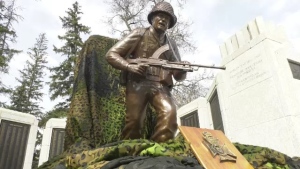 A statue commemorating the Regina Rifles action during the Juno Beach Landings on D-Day was previewed in Regina on April 6, 2024. (Angela Stewart/CTV News)