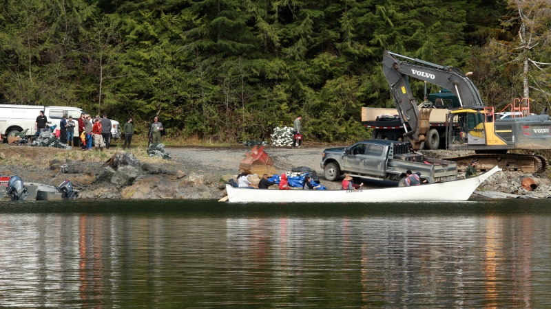 The Ehattesaht First Nation deploys a canoe and other resources to try and rescue an orphaned orca at a lagoon near Zeballos, B.C., Friday, April 12, 2024. (Chad Hipolito / The Canadian Press)