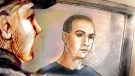In this courtroom sketch, Dean Brown makes a brief appearance via video link in a Kingston, Ont., court to face first-degree murder charges on Saturday, March 13, 2010.