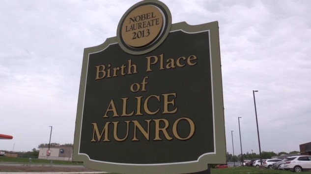 Sign at edge of Wingham declaring the community the birthplace of Alice Munro, seen on May 14, 2024. (Scott Miller/CTV News London) 