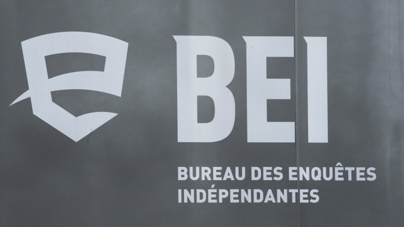 A logo for BEI, Quebec’s independent police bureau, is seen in Louiseville, Que., Tuesday, March 28, 2023. (Ryan Remiorz / The Canadian Press)