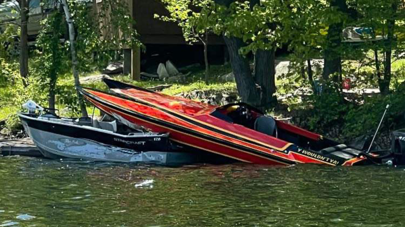 These two boats were involved in a collision in the Buck Bay area of Bobs Lake in eastern Ontario on Saturday, May 18, 2024. Ontario Provincial Police say three people were killed in the crash. (@NewsChaserNTHLD/x) 