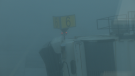 An airport gate is seen through thick fog in St. John's, N.L.