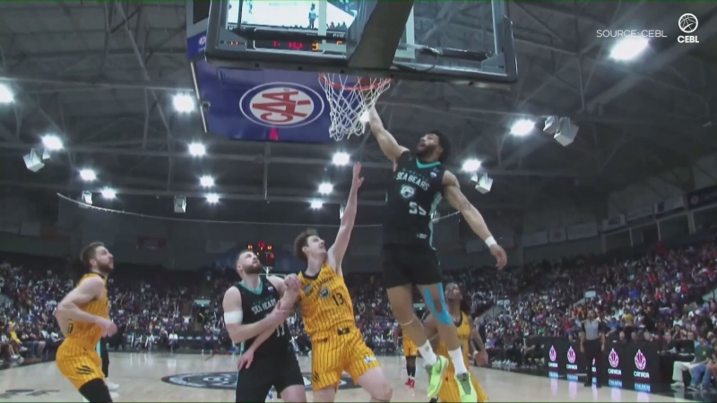 David Muenkat puts back a missed shot with an emphatic dunk as part of the Winnipeg Sea Bears 92-90 over the Brampton Honey Badgers on June 5, 2024. (Canadian Elite Basketball League)