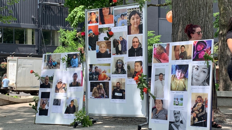 A wall containing the names and faces of homeless people who have died on Montreal's streets was shown at a memorial on Wednesday, June 5, 2024. (Angela Mackenzie/CTV News)
