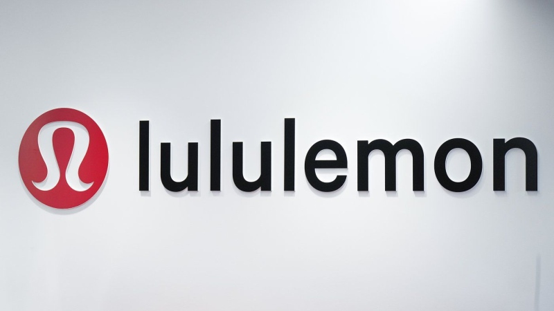 The Lululemon logo is seen on a wall at the company's headquarters, in Vancouver, on Thursday, May 25, 2023. (Darryl Dyck/The Canadian Press)