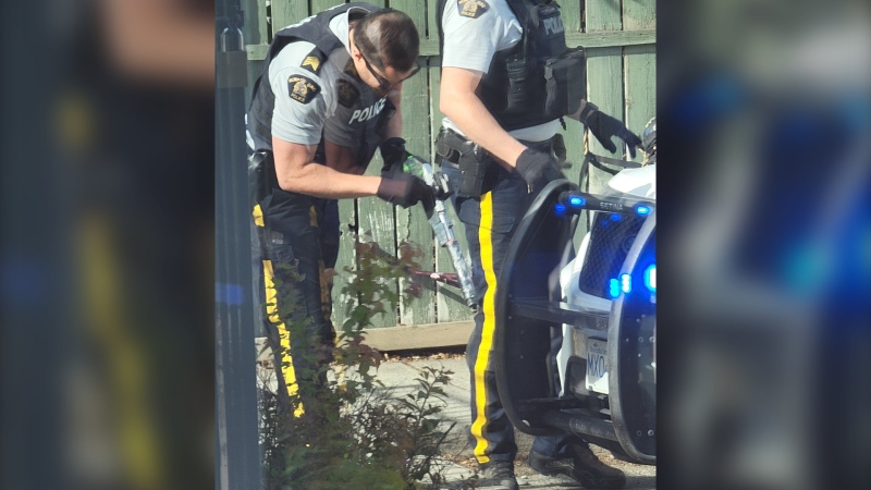 A witness submitted this image to CTV News of police with a rifle seized from a woman in Merritt, B.C., on Wednesday, June 5. 