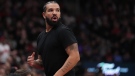Drake reacts to a foul call during second half NBA first round playoff action between the Toronto Raptors and Philadelphia 76ers in Toronto on Wednesday, April 20, 2022. (Nathan Denette / The Canadian Press)