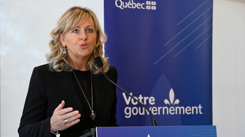 Quebec Municipal Affairs Minister Andrée Laforest announces an environment program for municipalities, Thursday, February 8, 2024 in Scott, Quebec. THE CANADIAN PRESS/Jacques Boissinot

