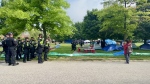 Police are seen attending an encampment at York University on Thursday morning. (Submitted)