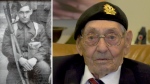 WWII veteran George Ferguson, 99, poses for an interview (right). This composite image also shows Ferguson in an official military portrait (left). (CTV News)