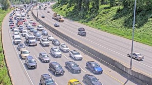 Drivers backed up along Highway 1 through Burnaby on June 6, 2024, due to westbound lane closures. (DriveBC)