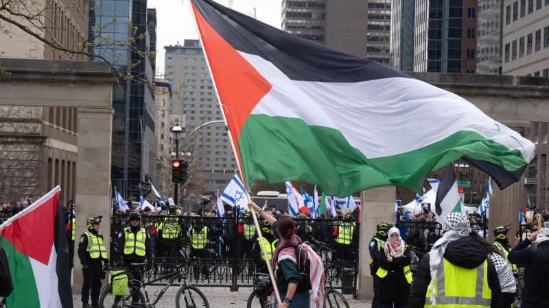 A pro-Palestinian supporter waves a flag as pro-Palestinian and pro-Israel supporters hold opposing demonstrations at the McGill University campus, in Montreal, Thursday, May 2, 2024. (Ryan Remiorz, The Canadian Press)