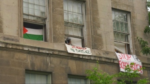 Protesters occupy a building at McGill University on Thursday, June 6, 2024. (CTV News)