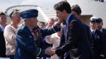 Prime Minister Justin Trudeau meets Richard Rohmer, one of the most decorated Canadian veterans, during the Government of Canada ceremony to mark the 80th anniversary of D-Day, at Juno Beach on June 6, 2024 in Courseulles-sur-Mer, France.(Photo by Jordan Pettitt - Pool/Getty Images)