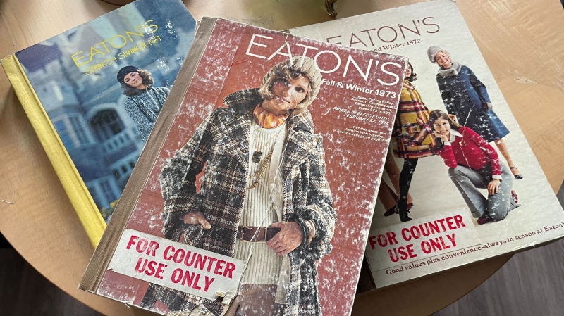 A trio of Eaton's magazines that are a part of Corey Quintaine's collection dedicated to the store. Uploaded June 6, 2024. (Jamie Dowsett/CTV News Winnipeg)