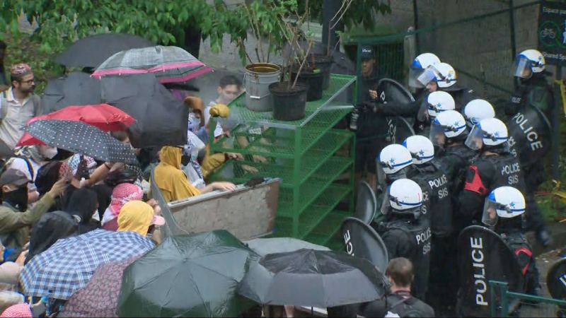 Police disperse protesters at McGill university with pepper spray and tear gas on June 6, 2024.
