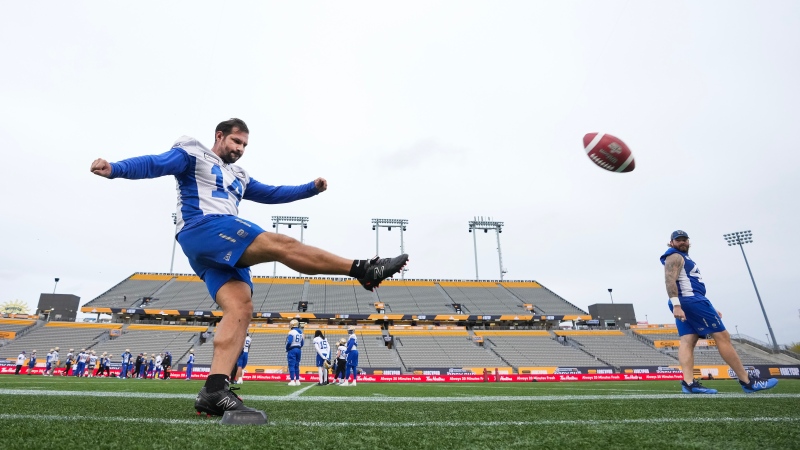 Winnipeg Blue Bombers kicker Sergio Castillo (14) kicks the ball during practice ahead of the 110th CFL Grey Cup against the Montreal Alouettes in Hamilton, Ont., Friday, Nov. 17, 2023. (Nathan Denette/The Canadian Press)