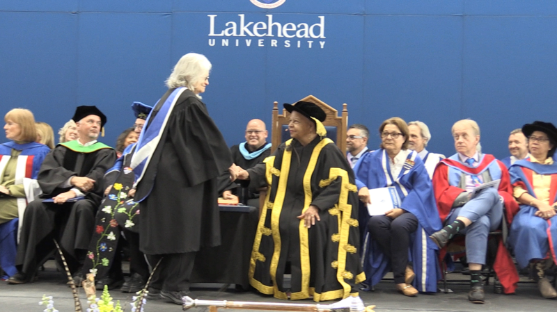 Virginia Majury, 83, accepts her degree at Lakehead University's convocation ceremony in Orillia, Ont. on Fri., June 7, 2024. (CTV News/Alessandra Carneiro)