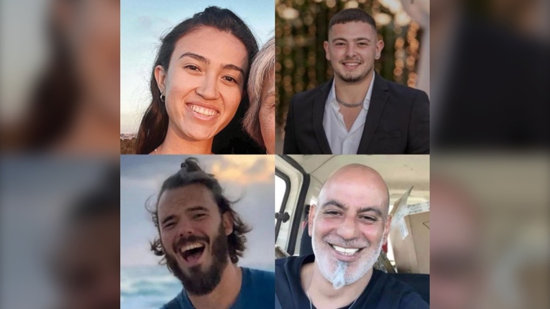 This combination image shows portraits of (left to right, top to bottom) Noa Argamani,25, Almog Meir Jan 21, Andrey Kozlov 27, and Shlomi Ziv (40), hostages rescued in a complex special daytime operation in Nuseirat, Gaza, according to Israeli forces.(Photos provided by Israeli Defense Forces)