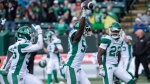 Saskatchewan Roughriders' Bryan Cox Jr. (50) celebrates recovering the ball on a fumble against the Edmonton Elks during second half CFL action in Edmonton on Saturday June 8, 2024. THE CANADIAN PRESS/Jason Franson.