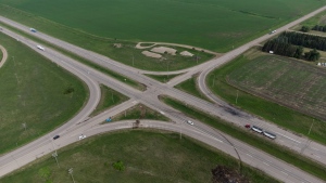 The site of the deadly crash on the Trans-Canada Highway where it intersects with Highway 5, west of Winnipeg near Carberry, Man., pictured on Friday, June 16, 2023. (Source: THE CANADIAN PRESS/Darryl Dyck)