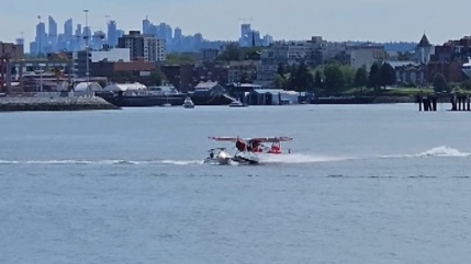 Video captured by Tom Adrion and shared on Storyful shows the moment a float plane and a recreational boat collided in Vancouver's Coal Harbour. (Tom Adrion/Storyful)