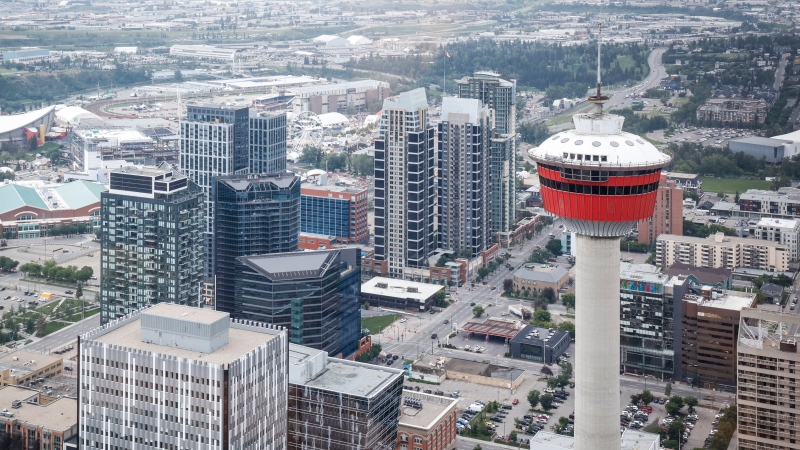 A view of the Calgary Tower and the Calgary Stampede grounds seen from the Telus Sky building in Calgary, Alta., Wednesday, July 6, 2022. (THE CANADIAN PRESS/Jeff McIntosh)
